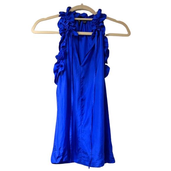 Vintage Y2K 100% Silk Ruffle Neck Sleeveless Blouse Cobalt Blue Top Size S - Picture 1 of 6